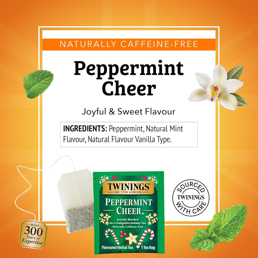 Twinings Peppermint Cheer Herbal Tea - Caffeine-Free, 20 Individually Wrapped Bags (Pack of 6) | Enjoy Hot or Iced