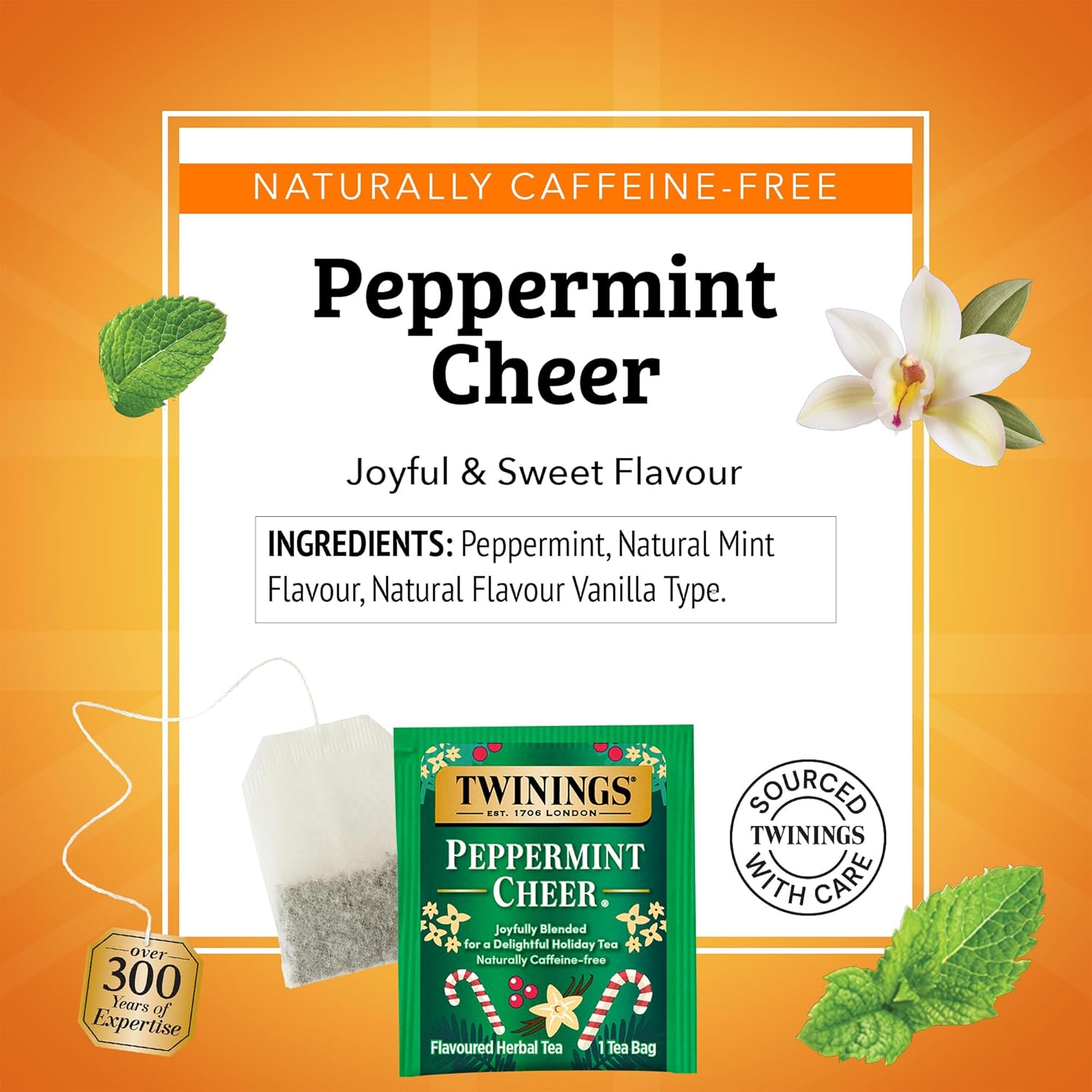 Twinings Peppermint Cheer Herbal Tea - Caffeine-Free, 20 Individually Wrapped Bags (Pack of 6) | Enjoy Hot or Iced