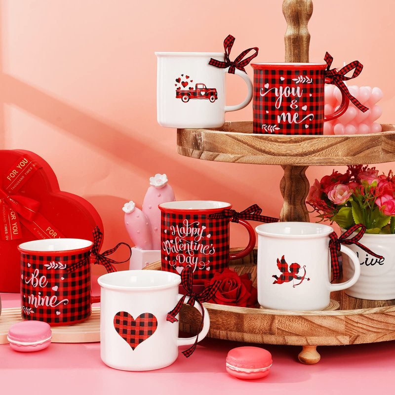 Whaline 6Pcs Valentine Mini Coffee Mug with Ribbon Red Black Plaid Heart Truck Cupid Tiered Tray Decor for Anniversary Wedding Gift