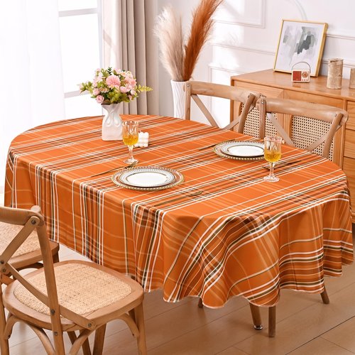 ASPMIZ Autumn Fall Tablecloth for Thanksgiving, Gingham Buffalo Plaid Table Cloth, Checkered Waterproof Spillproof Table Cover for Dinner Kitchen Party Holiday Decor, Yellow Orange, Oval 60 x 84 Inch