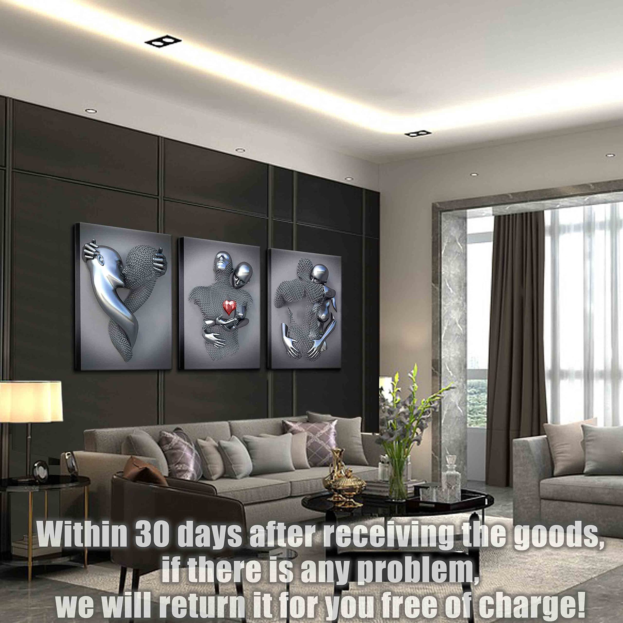 Framed Wall Art for Bedroom 3D Metal Effect Love Heart Couple Wall Art Decor for Living Room 3 Pieces Modern Abstract Grey Black and White Canvas Prints Poster Pictures Paintings for Wall Decorations