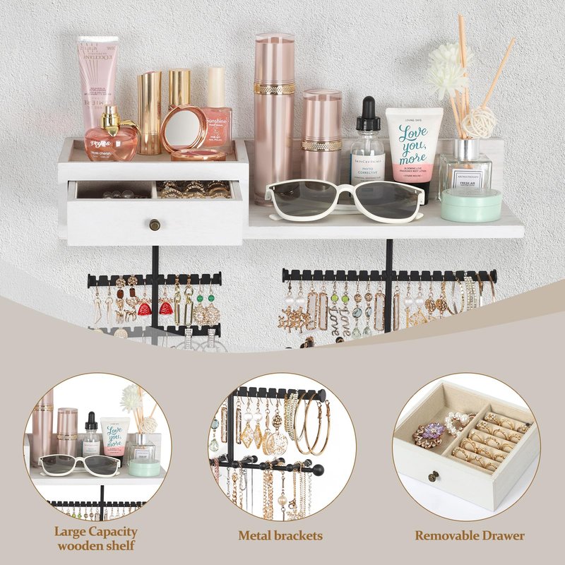 VINAEMO Jewelry Organizer Hanging Wall Mounted Jewelry Holder with Rustic Wood Drawer & Large Capacity Storage Shelf Rack Display for Earrings Rings Necklaces Bracelet(White)