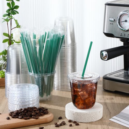 Baderke 50 Sets Clear Plastic Cups with Lids and Straws Disposable Plastic Iced Coffee Cups for Cold Beverage Juice Smoothie Coffee and Party Catering (12 oz)