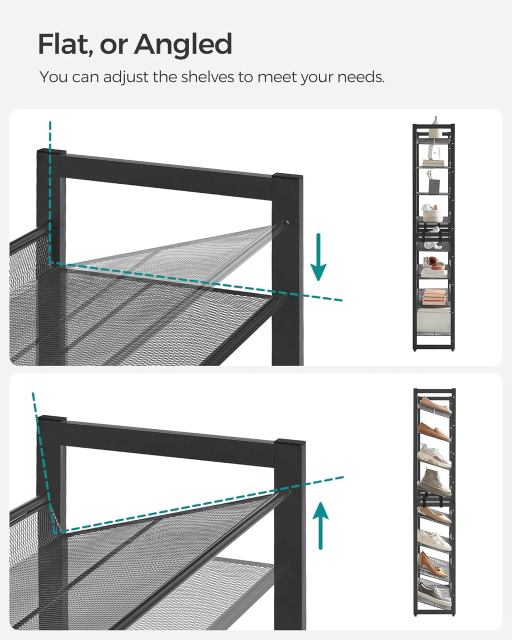SONGMICS 8-Tier Shoe Rack - Metal Organizer for Garage | Set of 2 Stackable Shelves, Holds 32-40 Pairs, Ink Black