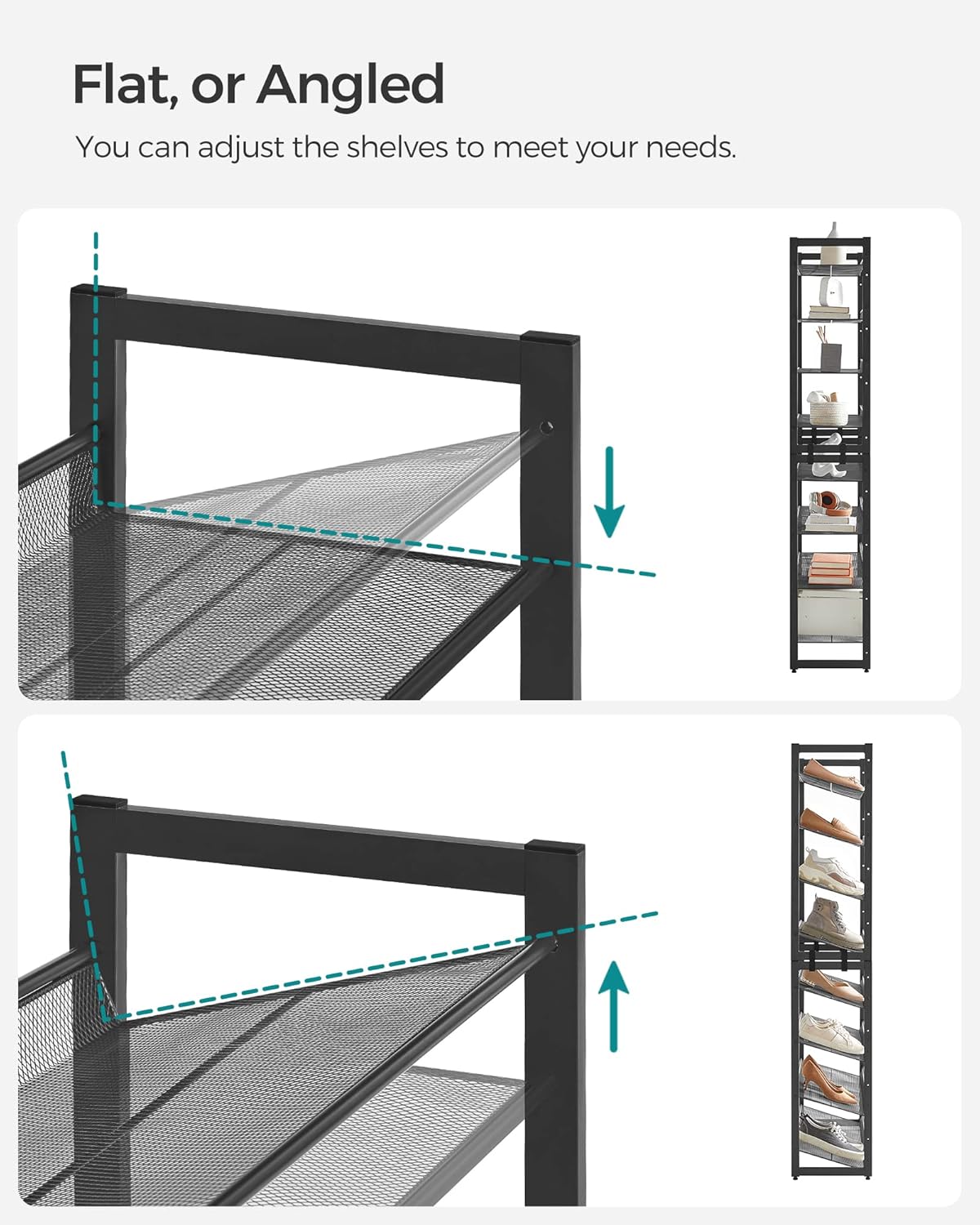 SONGMICS 8-Tier Shoe Rack - Metal Organizer for Garage | Set of 2 Stackable Shelves, Holds 32-40 Pairs, Ink Black