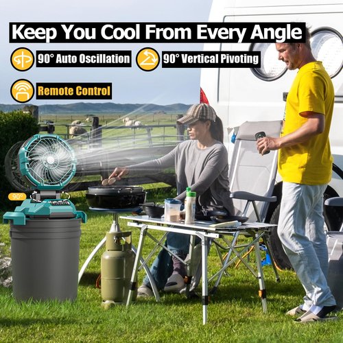 Portable Misting Fan for Outdoors Patios - 30000mAh Rechargeable Battery Powered Camping Fan, 4 Spray Mister with Timer, Fits 10-13" Bucket, 4 Speed, 90° Auto Oscillation for Garden Sports Travel Golf