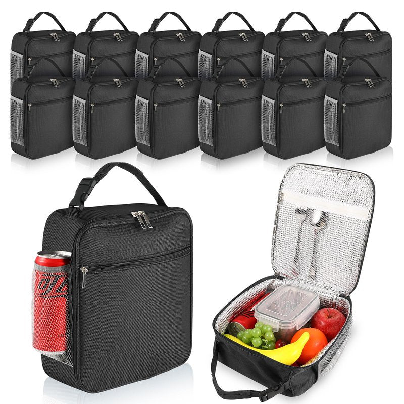 12 Pack lunch box Bulk,Insulated Reusable Lunch Bags with Aluminum for Women Men Girls,Leakproof lunch boxes,Small Lunch Tote Bag for Office,Work,Beach or Travel,Black