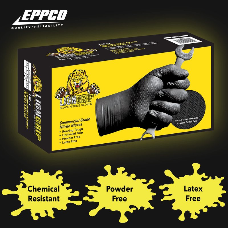 EPPCO LionGrip 7-Mil Black Nitrile Gloves Disposable Powder Free, Latex Free Textured Superior Grip Glove for Mechanics, Auto-motive, Industrial Work, X-Large, Box of 100
