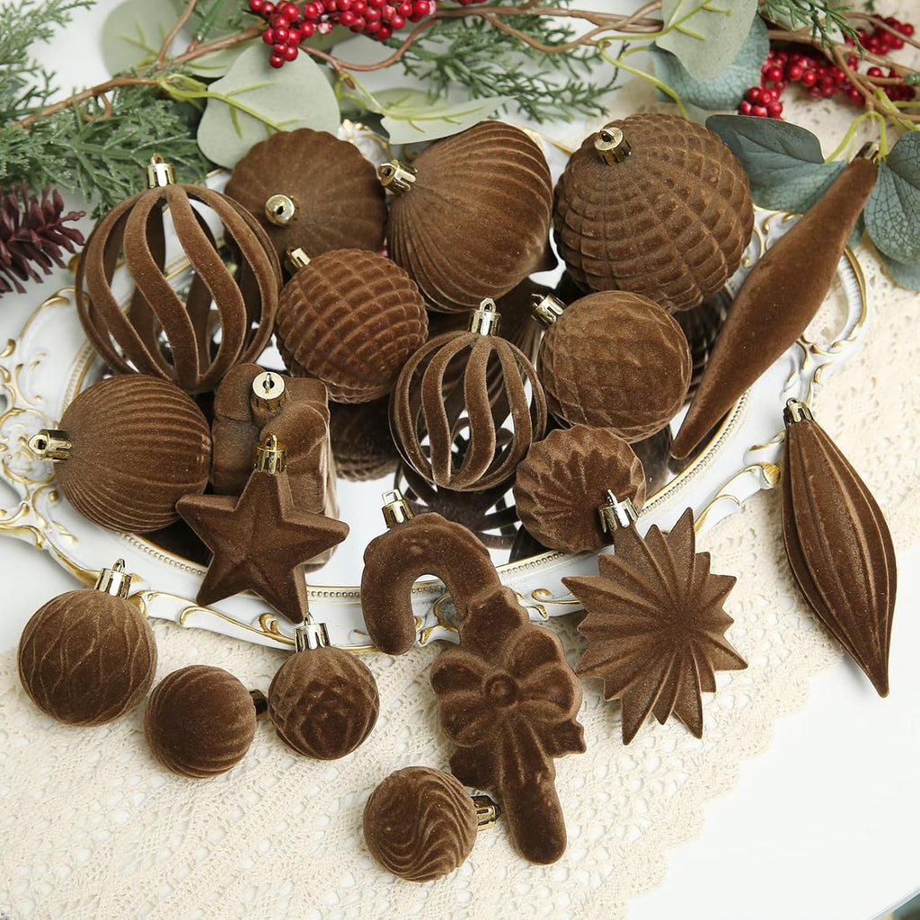 Skiennix 50 Pcs Brown Velvet Christmas Balls - Flocked Ornaments for Tree Decor & Holiday Parties