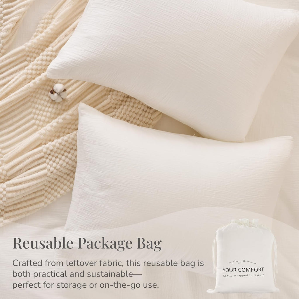 Skiennix Off White Queen Duvet Cover Set - 100% Sandwashed Cotton, 3 Pieces with Zipper Closure & Corner Buttons