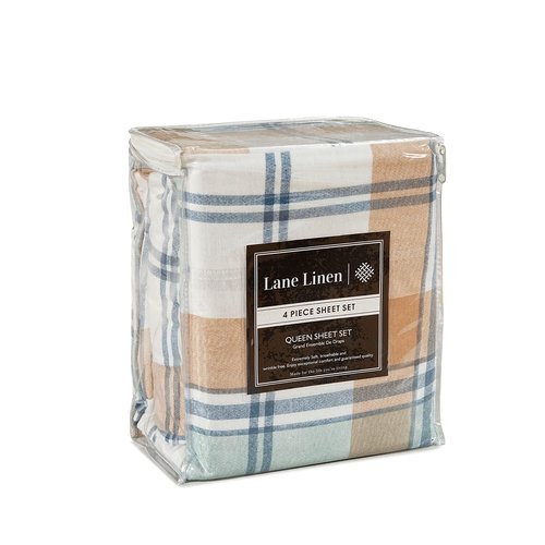 LANE LINEN 100% Cotton Queen Flannel Sheets Set - Brushed for Extra Softness - Lightweight & Durable Cotton Flannel 15" Deep Pocket Queen Sheets Set - Warm Winter Queen Size Bed Sheets - White Plaid