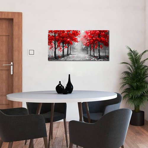 Tree Wall Art for Living Room, Black White and Red Canvas Wall-Decor for Bedroom, Size 20x40 Inches