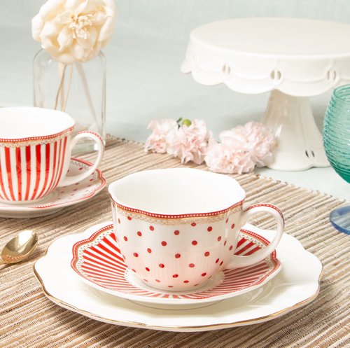 Grace Teaware Red Dot Stripes Scallop 9-Ounce Porcelain Tea/Coffee Cup and Saucer, Set of 2
