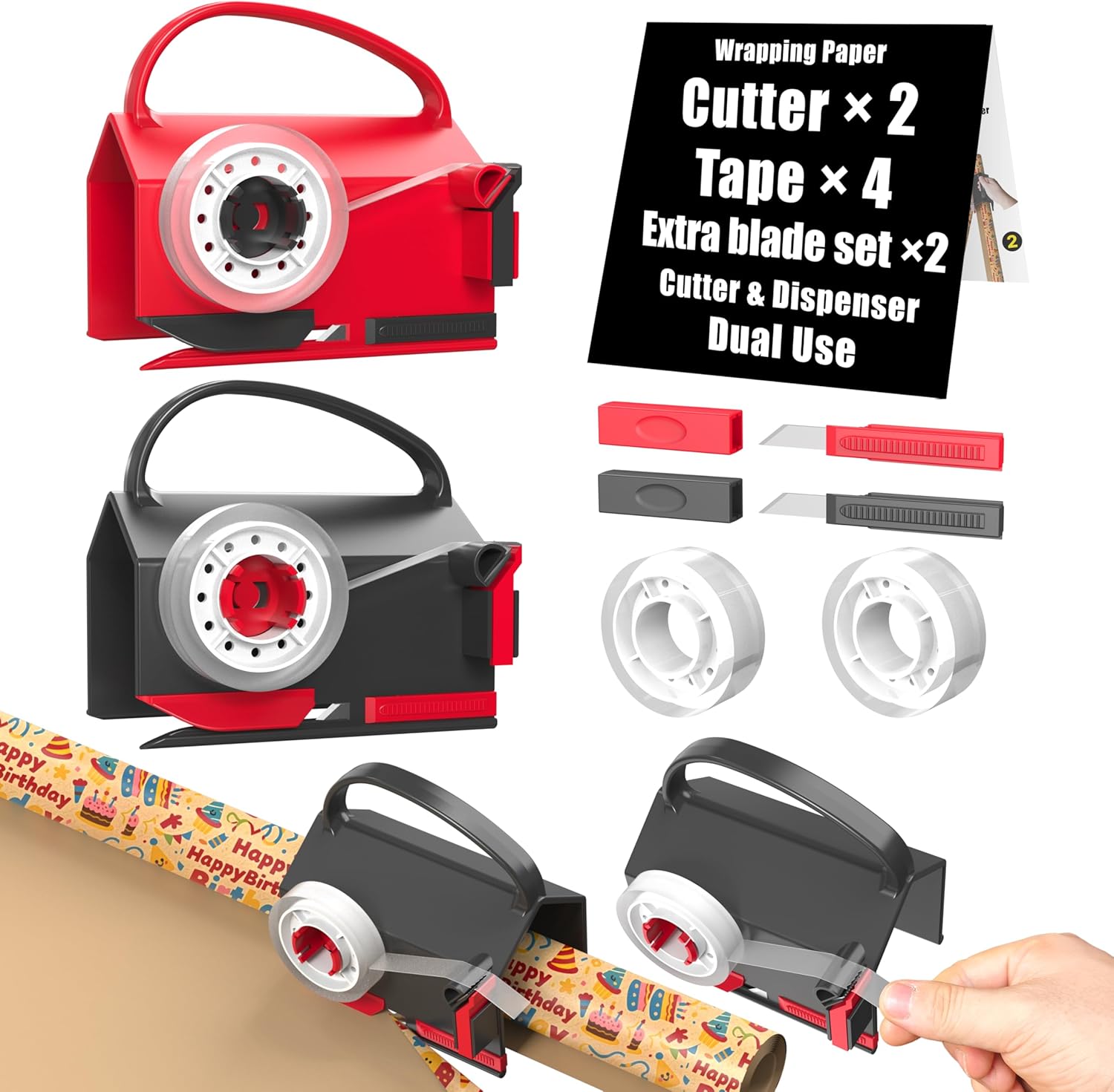 Wraprocut Wrapping Paper Cutter & Tape Dispenser - 2-Pack with 4 Tapes & 2 Replacement Blades for Easy Holiday Gift Wrapping