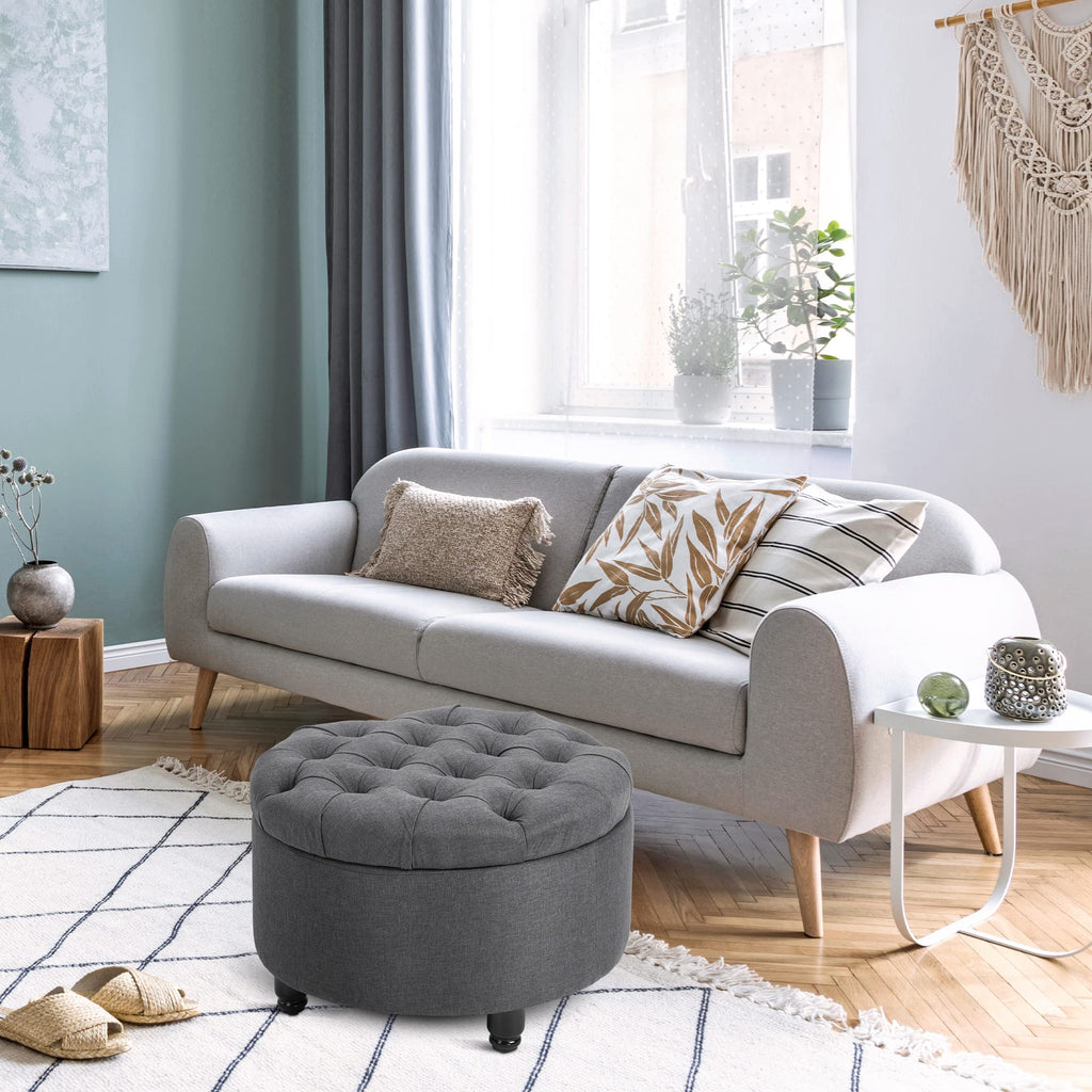 HOMCOM Round Linen-Touch Fabric Storage Footstool Ottoman Button Tufted Footrest with Removable Lid, Grey