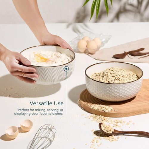 KooK Ceramic Salad Bowls - Embossed Large Serving Bowls for Pasta & Soup | Microwave & Dishwasher Safe, Cream with Dark Copper Accents, Set of 2, 60 oz