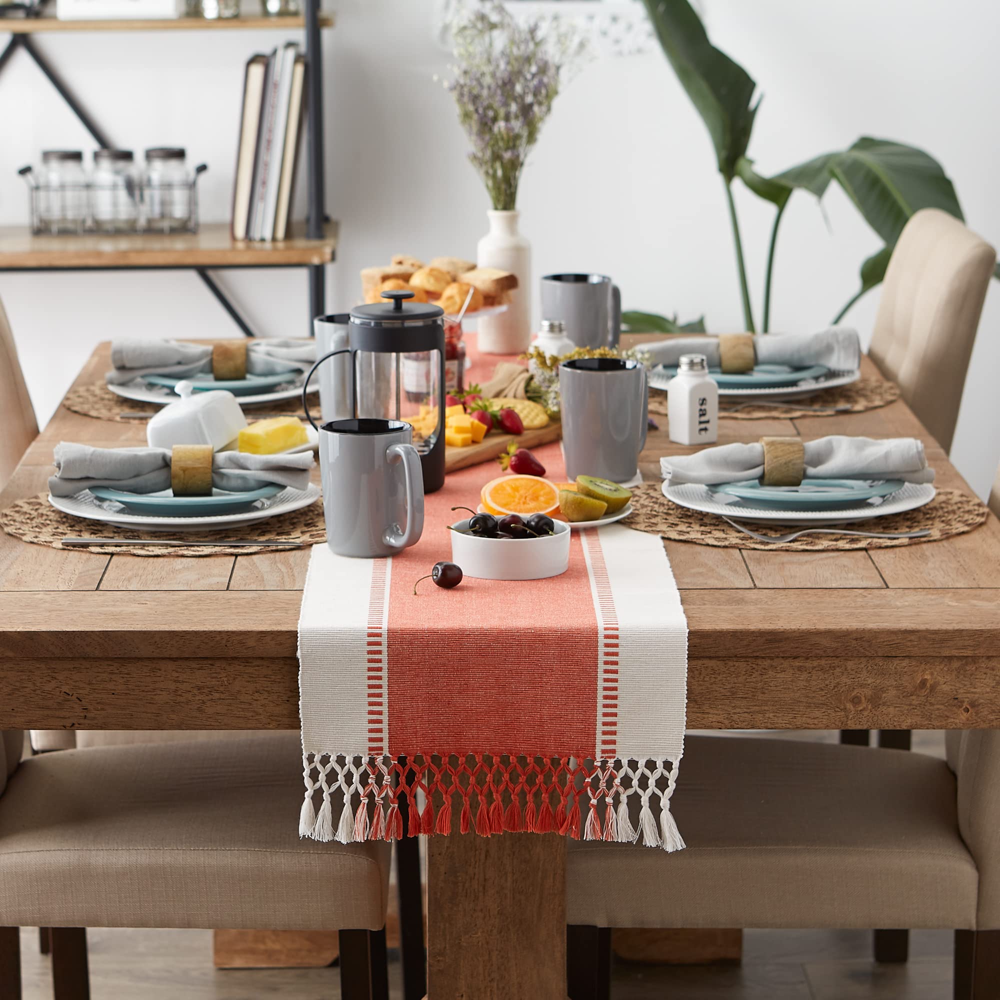 DII Dobby Stripe Woven Table Runner, 13x72 (13x77.5, Fringe Included), Spice