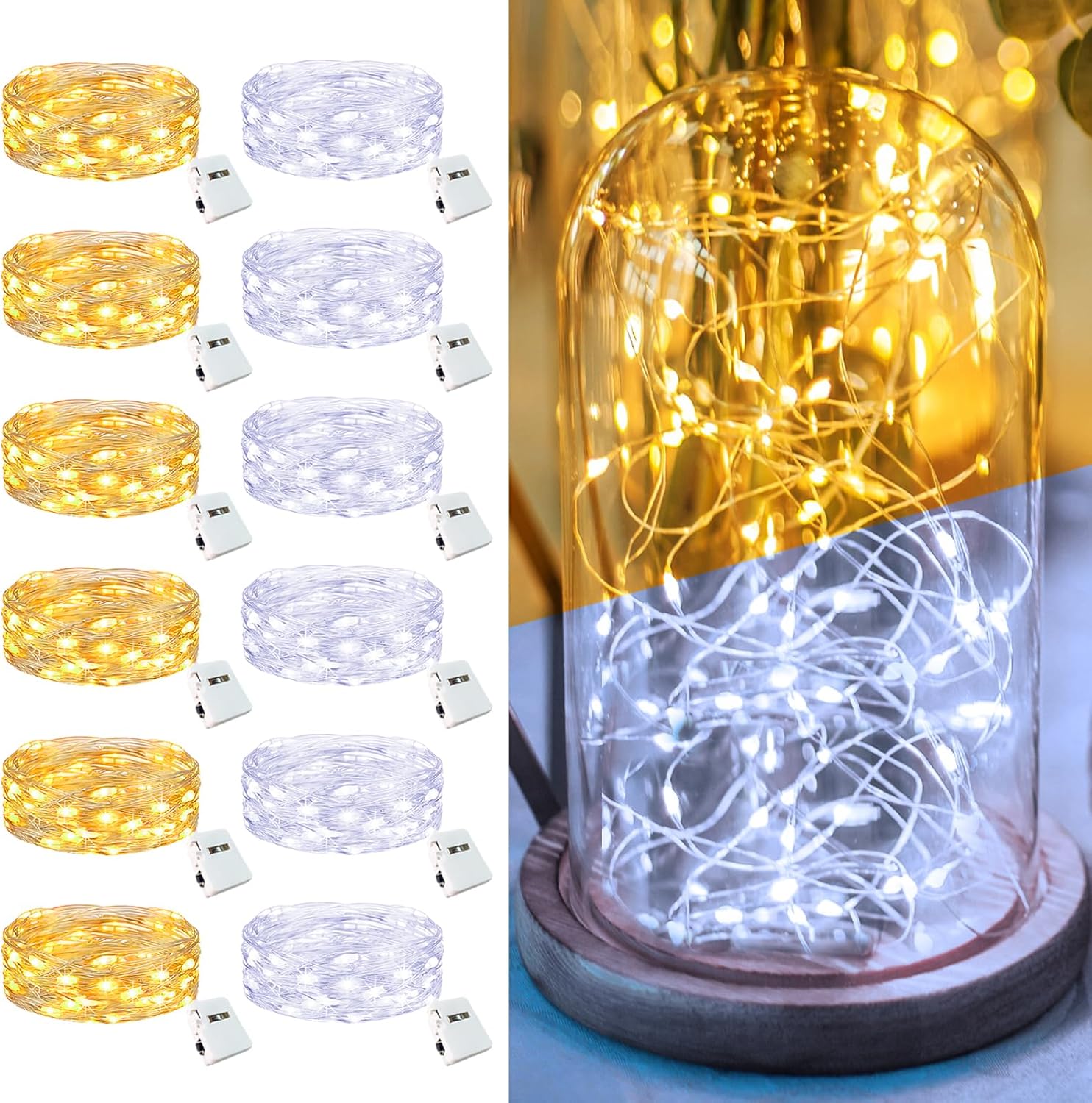Skiennix 12 Pack Fairy Lights - 7ft Battery Operated 20 LED Twinkle Lights | Waterproof for Mason Jars & DIY Parties - Warm White & Cold White
