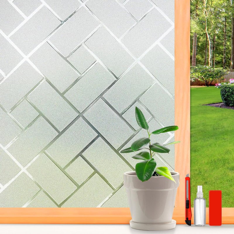 Frosted Glass Window Film Sun Blocking Window Tinting Film for Home, Static Clings Removable Frosting Bathroom Door Window Covering, 45.2 inch x 78.74 inch, White-Grid
