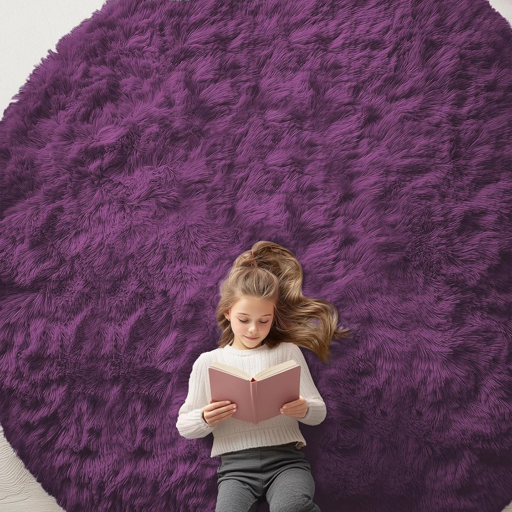 OLANLY Round Dark Purple Area Rug - Soft, Fluffy, Machine Washable 9 ft Circle Carpet for Bedrooms & Living Rooms