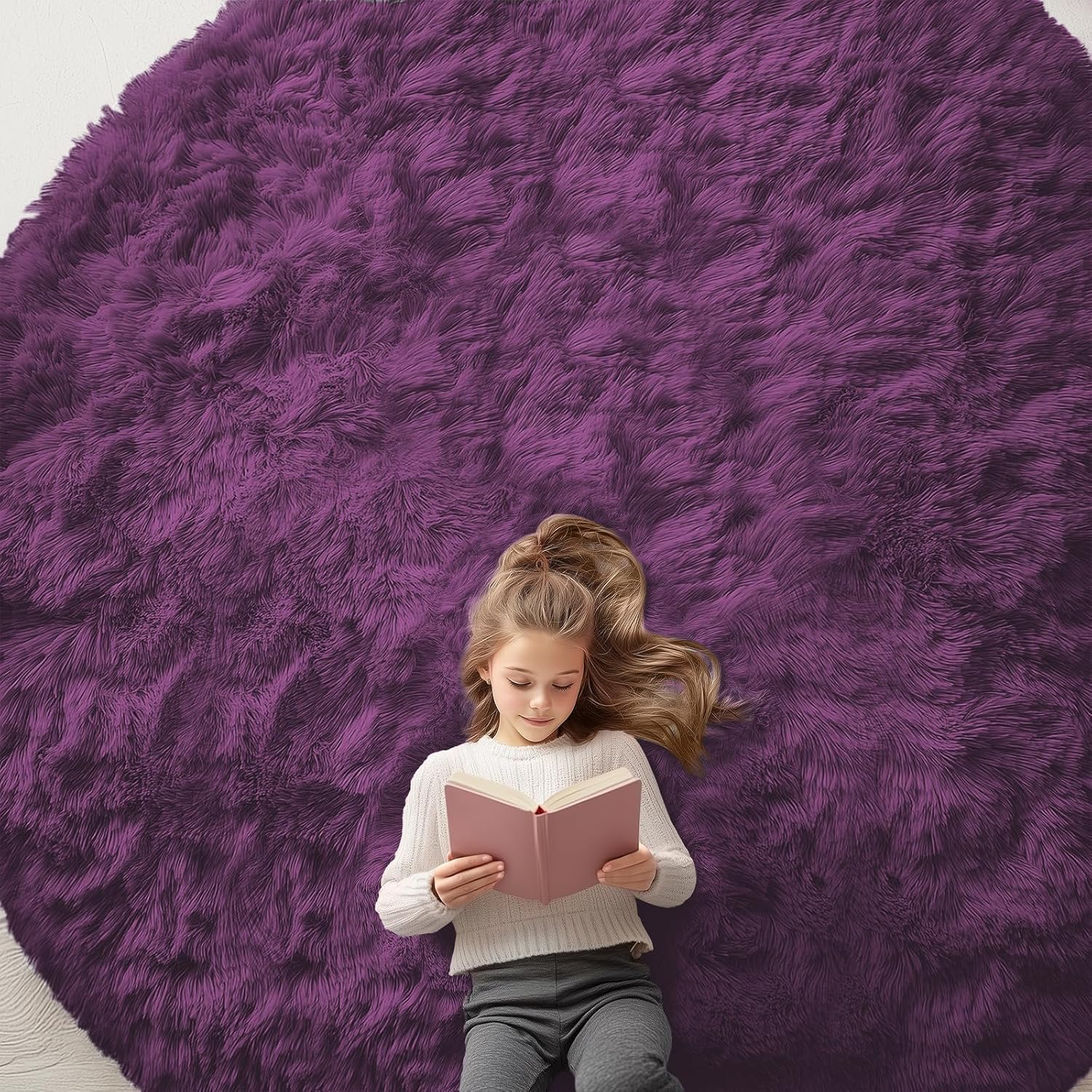 OLANLY Round Dark Purple Area Rug - Soft, Fluffy, Machine Washable 9 ft Circle Carpet for Bedrooms & Living Rooms