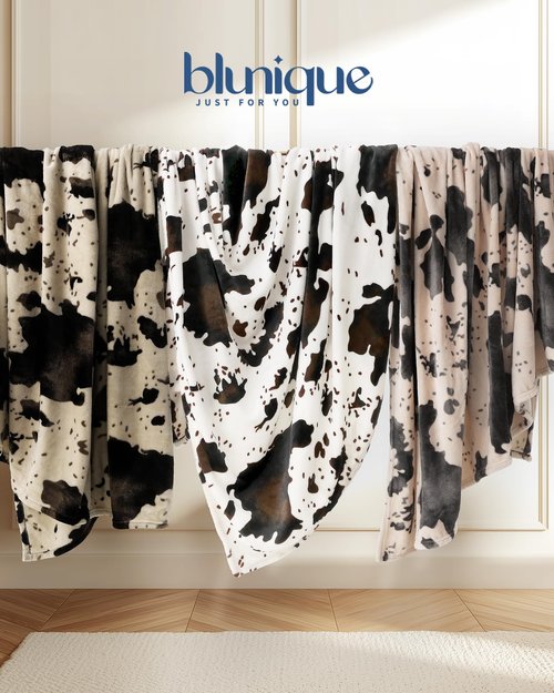 blunique Cow Print Blanket Ultra Soft Flannel Throw Blanket for Couch Bed, Cute Cozy Lightweight All-Season Fleece Blanket, Gift for Women & Girls, 50×60 Inches Black & White