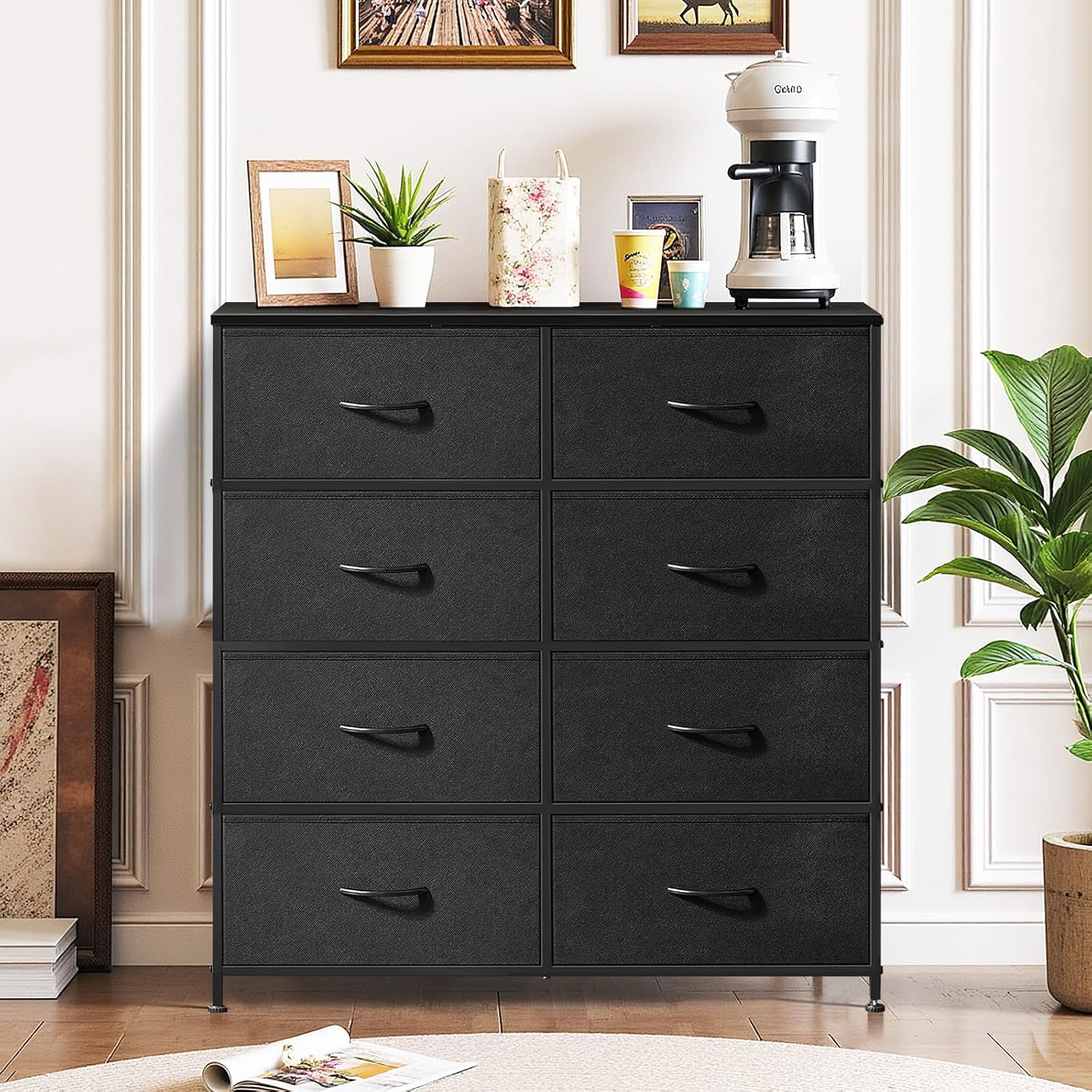 Skiennix 8-Drawer Dresser - Anti-Tip Tall Storage Organizer with Wooden Top & Metal Frame | Black