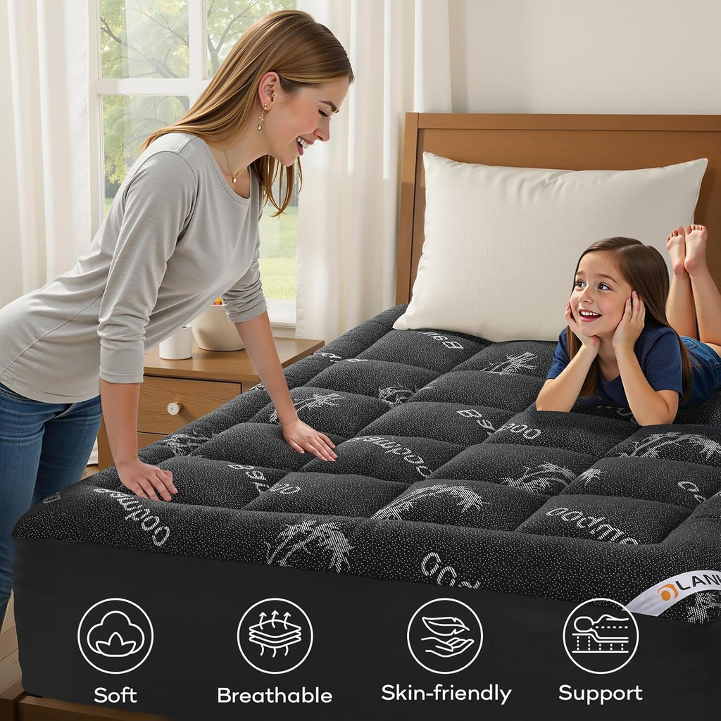 OLANLY Queen Mattress Topper - Cooling Bamboo Viscose Pillow Top for Back Pain Relief | Dark Gray