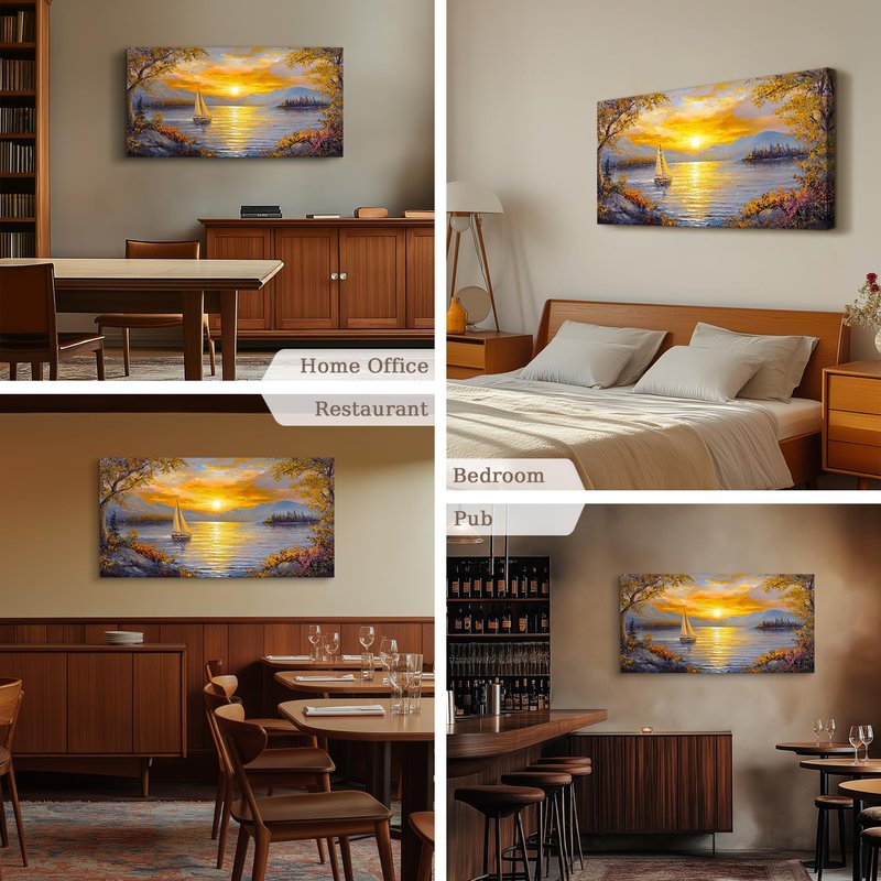 crmotu Sunset Wall Art, Lake Art Wall Decor, Sailboat Wall Art, Mountain Landscape Large Art Prints, Dusk Aesthetic Paintings Wall Decor Living Room Bedroom Kitchen Office Decorations 20x40inch