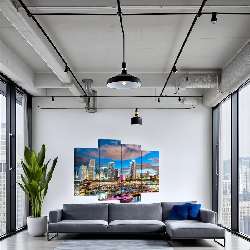 Nachic Wall 4 Pieces City Canvas Wall Art Miami Night Skyline Picture Canvas Print Florida Cityscape Poster Painting Canvas Modern Living Room Bedroom Decor Framed Ready to Hang