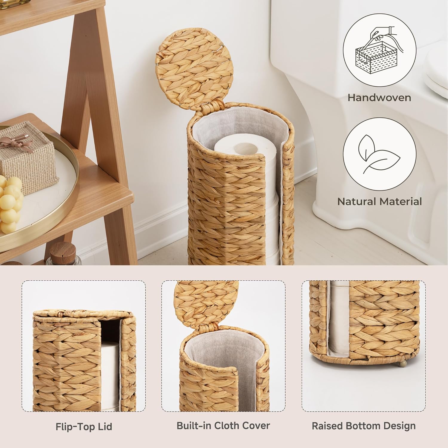 StorageWorks Toilet Paper Holder Stand - Free Standing Design with Built-in Cloth Lining | Holds 3 Rolls