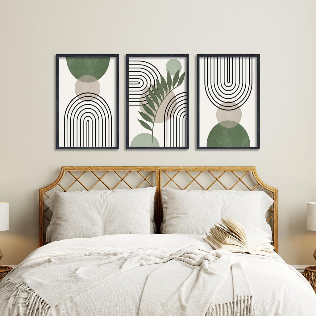 ZZJJHYWGQ Sage Green Boho Wall Art Decor 24"x16" Set of 3 Minimalist Geometric Line Leaf Sun Moon Artwork Paintings Living Room Office Abstract Botanical Soild Wood Framed Sign Wall Hanging (Black)
