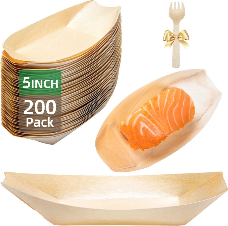 Suwodpak 200-Pack Wooden Disposable Plates 5 IN Boat Plates Food Trays Disposable Dessert Plates Disposable Food Boats for Party Weddings Picnic (Actual Size Used: 2.95" D x 1.73" W x 0.59" H)