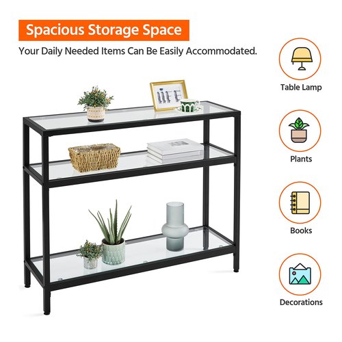 Yaheetech 39.5" Console Table with 3 Storage Shelves,Tempered Glass Sofa Table, Modern Entryway Tables with Metal Frame for Hallway Living Room Bedroom, Easy Assembly, Black