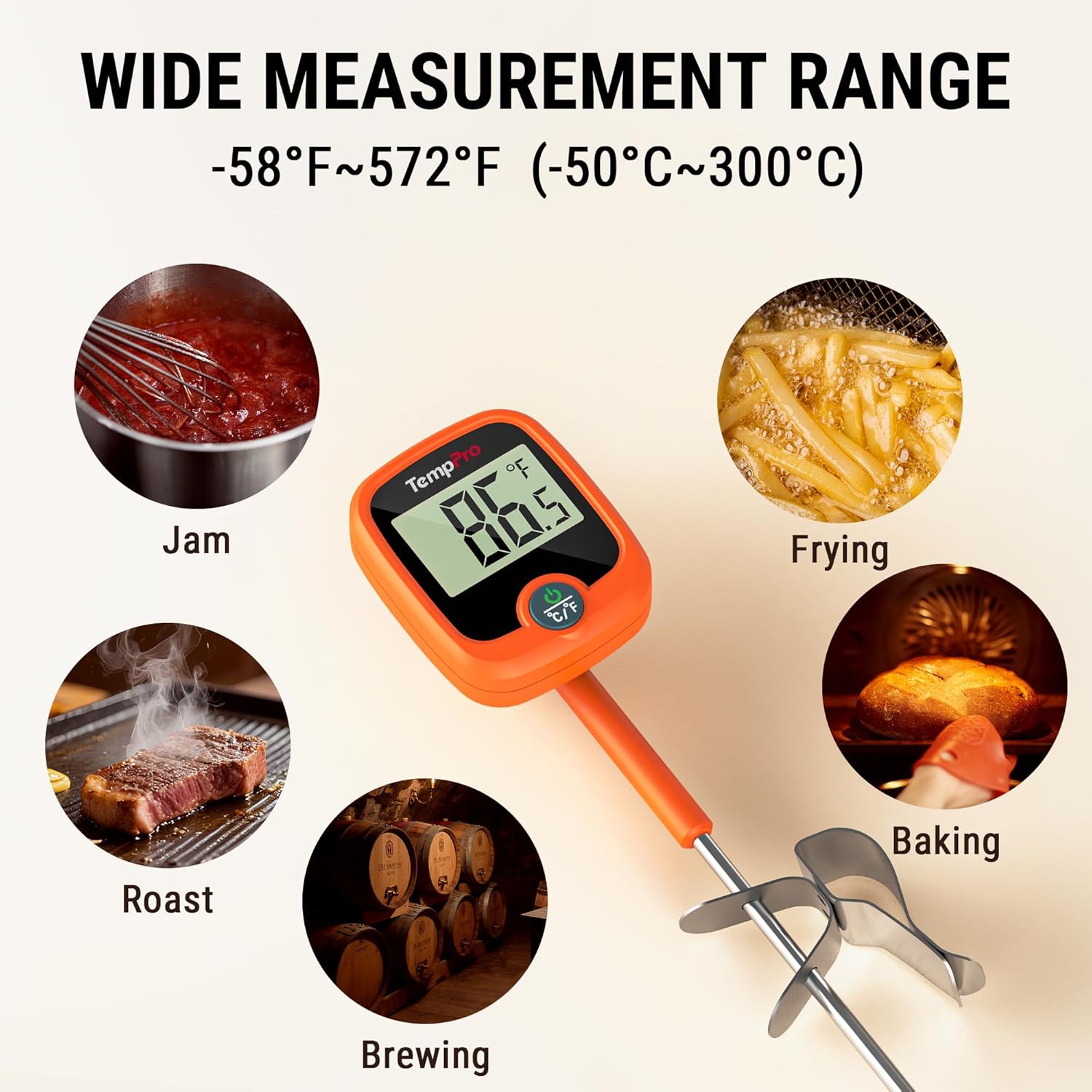 TempPro Candy Thermometer - Instant Read 10" Long Probe with Pot Clip & LCD Display for Cooking Oil & Sugar Brewing