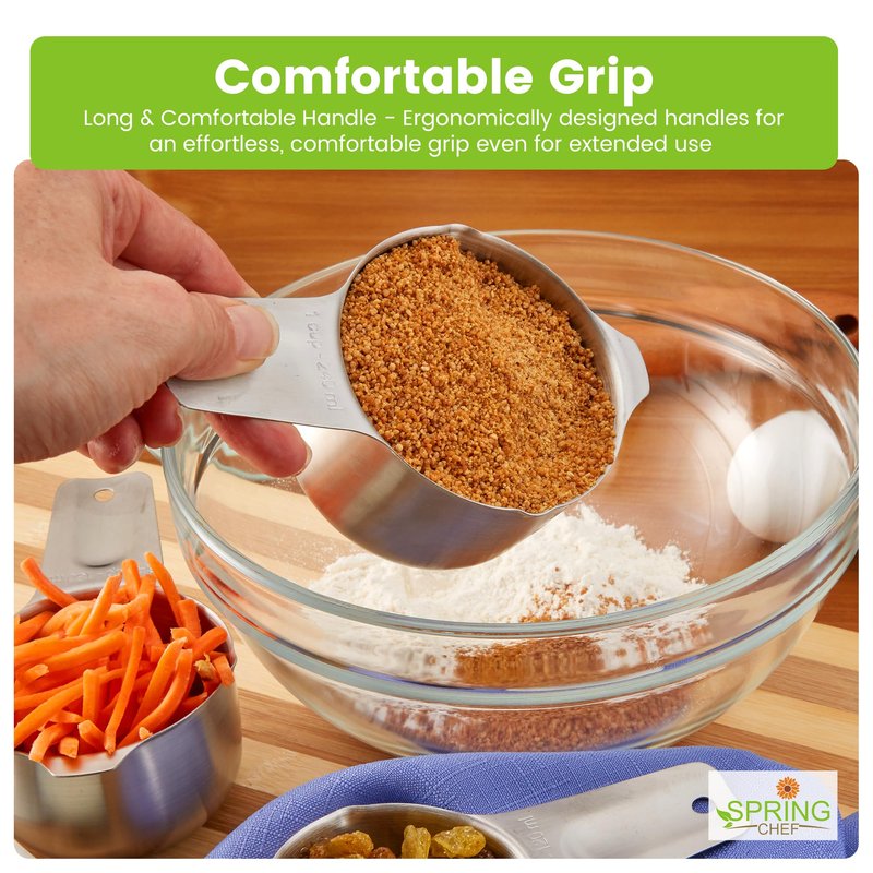 Spring Chef Stainless Steel Measuring Cups Set of 7 with Pour Spout - Nesting Kitchen Tools with Easy Read Markings to Measure Dry or Liquid Ingredients - Metal Measuring Cups for Baking & Cooking