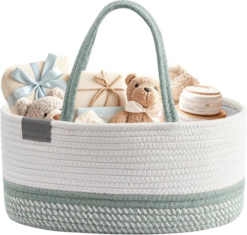 DECOMOMO Baby Caddy Organizer - Large Diaper Basket for Baby Shower | Sage Green & White Design