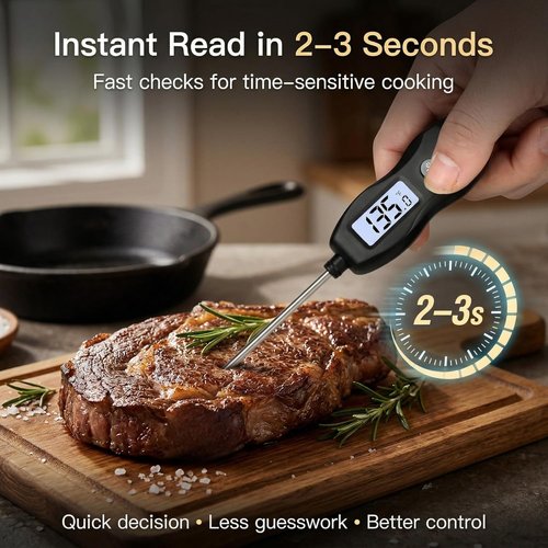 Meat Thermometer Digital - Instant Read Waterproof Food Thermometer with Backlight for BBQ, Steak, Turkey & More (Black)