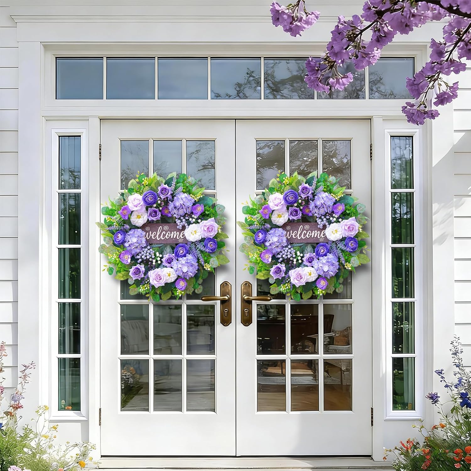 Regine Switzerland 24-Inch Spring Wreath - Luxury Purple Floral Design with Welcome Sign for Front Door Decor