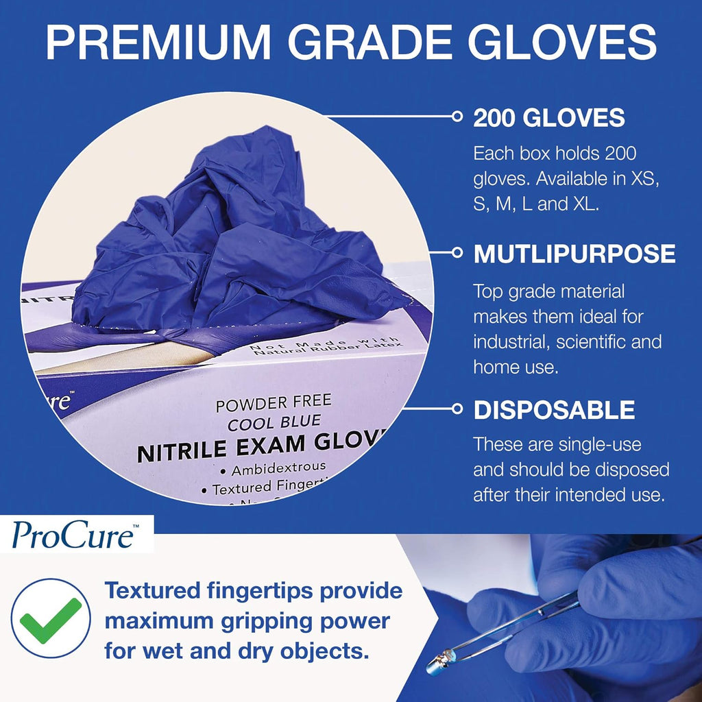 ProCure Disposable Nitrile Gloves - Latex Free & Powder Free | 200 Count Medical Exam Gloves