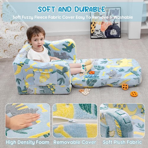 Airpanda Comfy Toddler Chair and Couch for Kids with Blanket,2-in-1 Soft Plush Fold Out Toddler Couch for Girls and Boys,Convertible Sofa to Lounger for Playroom,Glowing Dinosaur