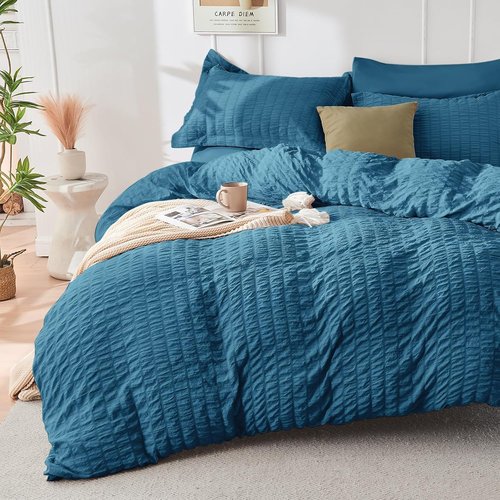 HYMOKEGE King Size Comforter Set - Luxurious Teal Seersucker 7-Piece Bedding Set for All Seasons