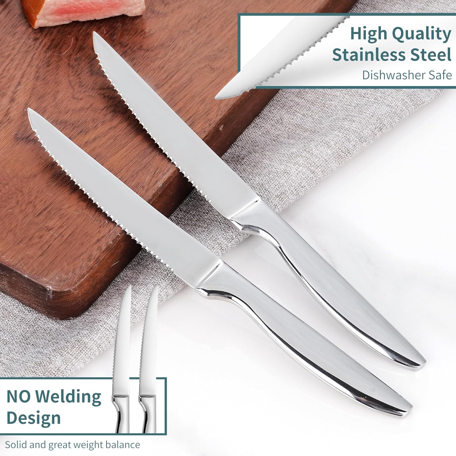 SuperCook Steak Knives Set - 12 Premium Stainless Steel Serrated Knives | Dishwasher Safe, Silver Finish