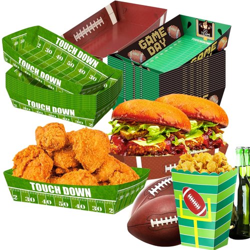 Glazeal 48Pcs Football Party Supplies, 36pcs Disposable Football Paper Trays Plates with 12pcs Popcorn Box for Football Theme Party Favors Gameday Birthday Sport Party Decor