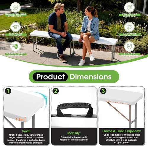 HLPB Folding Bench - 6 ft Portable Plastic Seating with Handle | Smooth HDPE Tabletop, 2 Pack, White