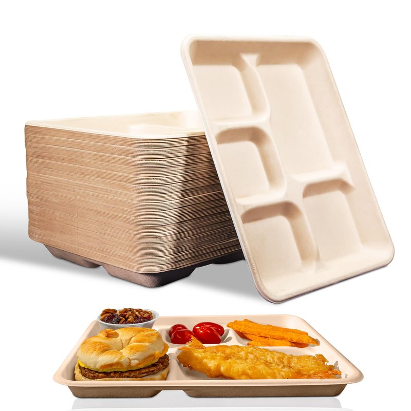 Eland Compostable Plates with Compartments, 5 Compartment Plates Disposable Heavy Duty, Food trays disposable. School Lunch Tray, Plate Dividers, No PFAS, Natural Color-10" x 8"[400-pack]
