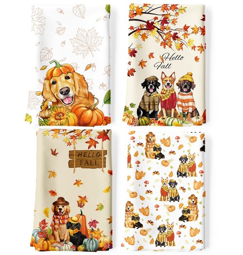 Arquiel 4 Pcs Fall Dogs Kitchen Towel, 100% Cotton Thanksgiving Maple Leaf Dish Towel 27.5"x18.8", Housewarming Gifts Holiday Decorative Tea Towels for Dining Home