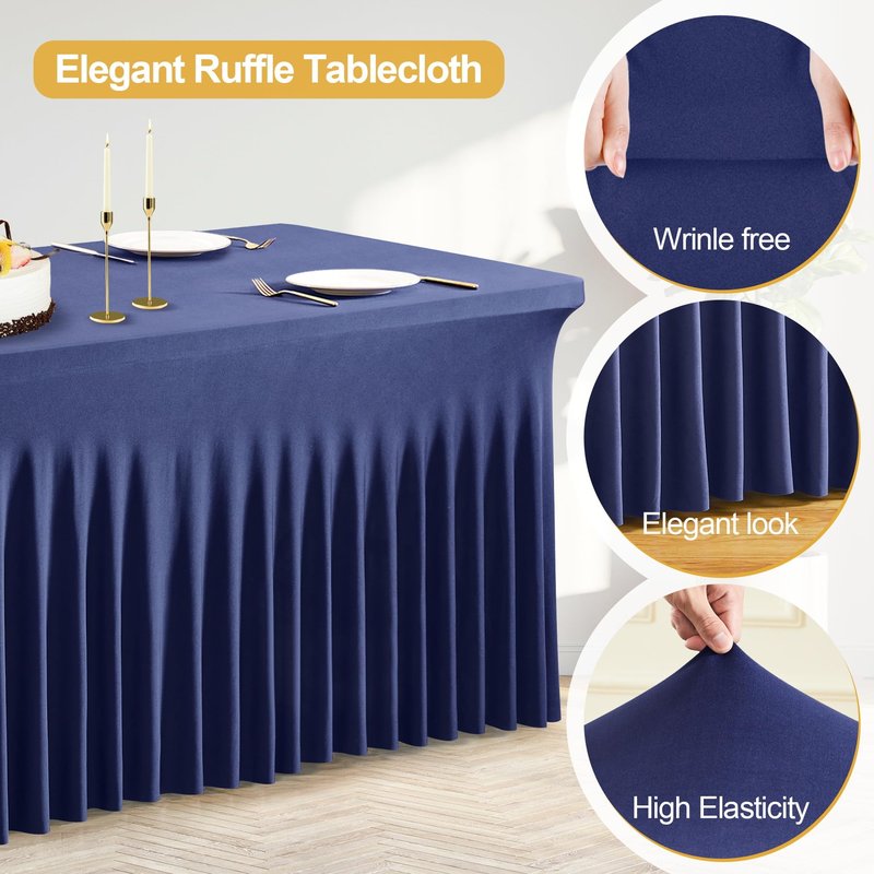 PARTISKY 2 Pack Navy Blue Table Cover for Rectangle Tables 8ft,One-Piece Spandex Elastic Table Cloth with Skirt for Wedding Folding Table Banquet Baby Shower & Birthday Parties
