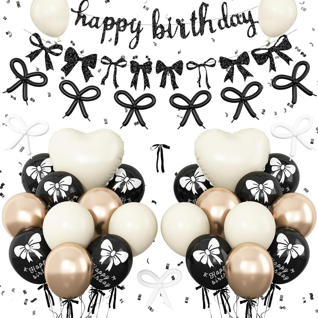Skiennix Bow Birthday Decorations - Elegant Black & Gold Theme with Happy Birthday Banner & Heart Foil Balloons