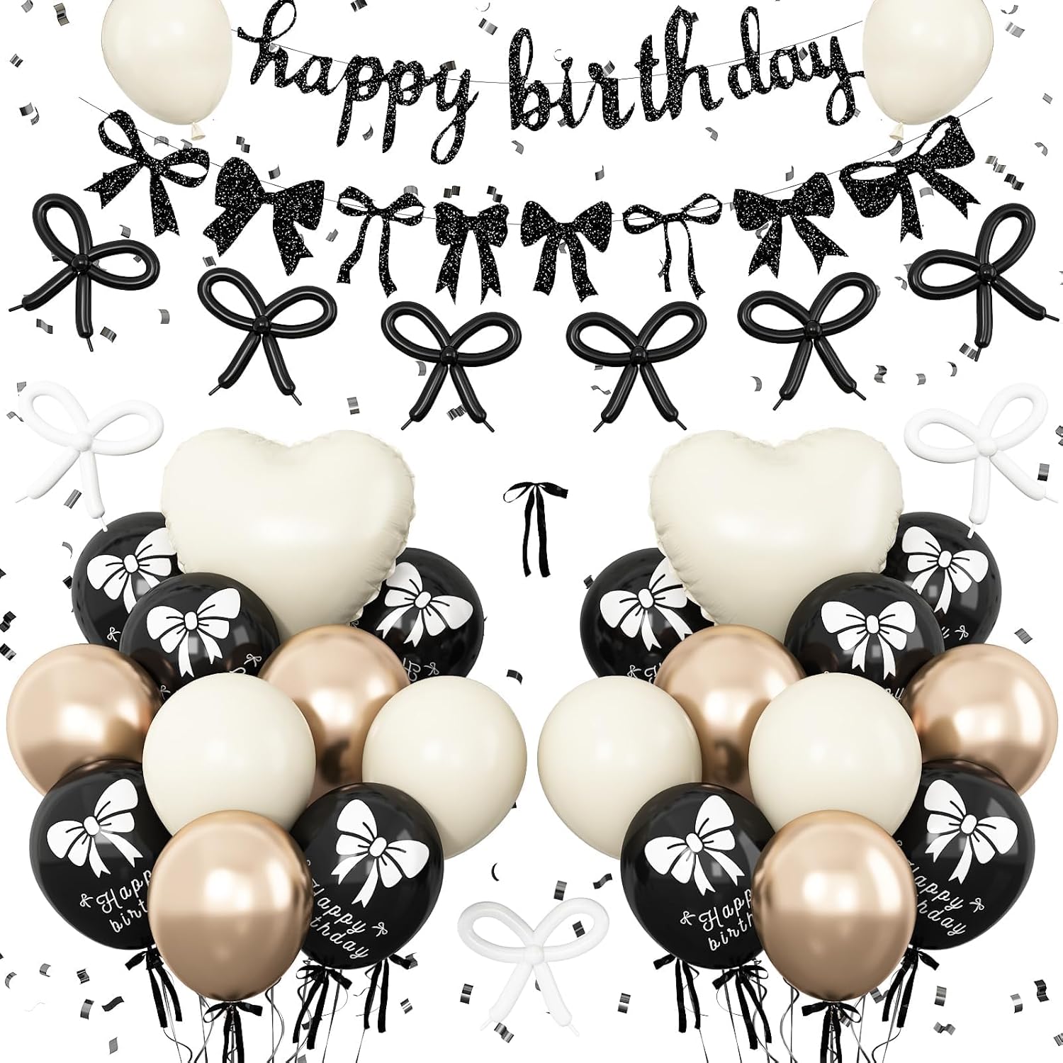 Skiennix Bow Birthday Decorations - Elegant Black & Gold Theme with Happy Birthday Banner & Heart Foil Balloons